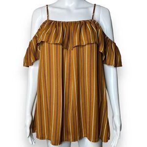 Daytrip Cold Shoulder Vertaical Striped Blouse Brown & White Size XL